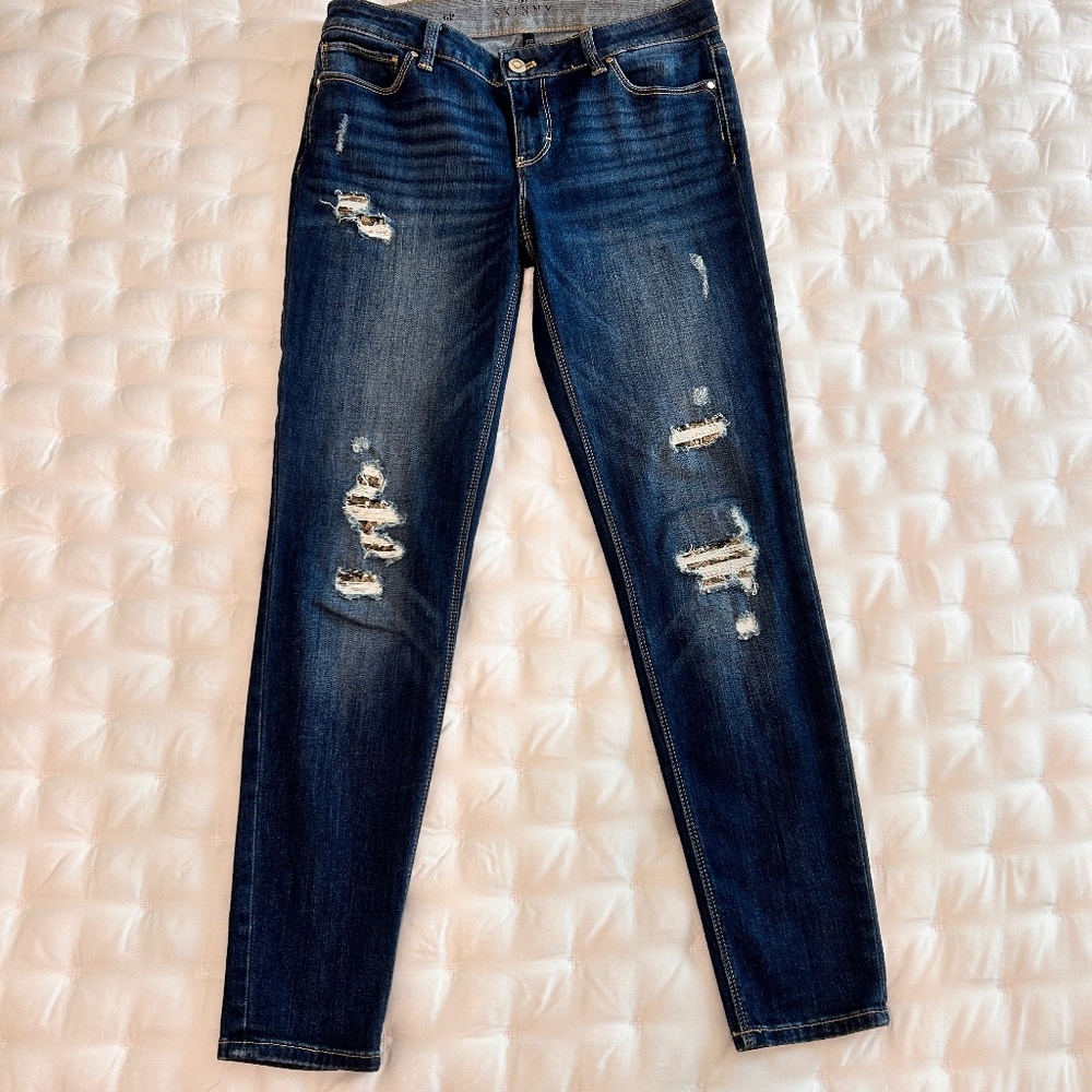 WHBM Womens Dark Blue Denim Skinny Jeans with Embellished Gold Sequins, Size 6P
